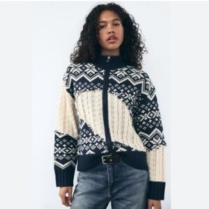 Zara. Navy and Cream Fair Isle Zip-Up Sweater